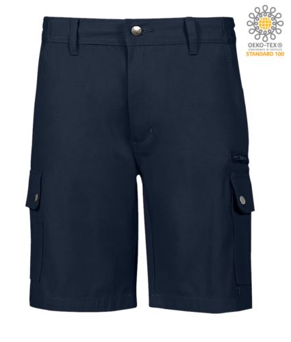 Bermuda multitasche da lavoro in Ripstop, due tasconi laterali chiusi con bottoni automatici e una tasca con zip. Colore blu navy