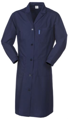 Camice da donna, chiusura centrale con bottoni, collo aperto, schiena intera, due tasche e un taschino applicati, colore blu navy