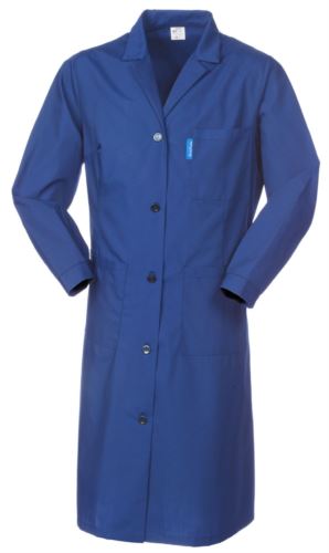 Camice donna, chiusura centrale con bottoni, collo aperto, schiena intera, due tasche e un taschino applicati, colore azzurro royal.