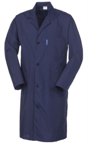 Camice donna, manica lunga, chiusura bottoni, taschino applicato, due tasche laterali, polsini con elastico, colore blu navy, certificato CE