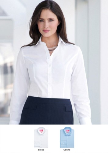 Camicia da donna elegante modello semi-fit, polsino con 3 bottoni, 100% cotone. Tessuto easy iron. Ideale per receptionist, hostess, hotellerie.
