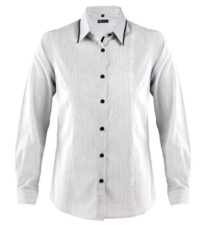 Camicia da donna a maniche lunghe, con bordino in contrasto sul colletto, bordino nero lungo la patta di chiusura, colore bianco