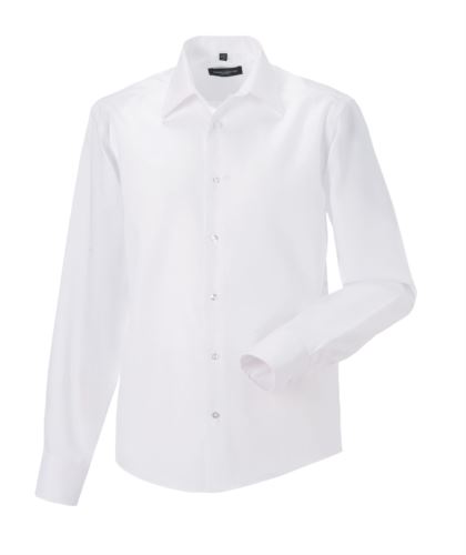 Camicia uomo no stiro a maniche lunghe. Colletto semi-francese con stecche. Polsino con due bottoni e orlo stondato.