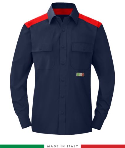 Camicia trivalente bicolore, chiusura con bottoni a pressione, due tasche sul petto, inserti colorati su spalle e interno collo, certificata EN 1149-5, EN 13034, UNI EN ISO 14116: 2008, colore blu navy/rosso