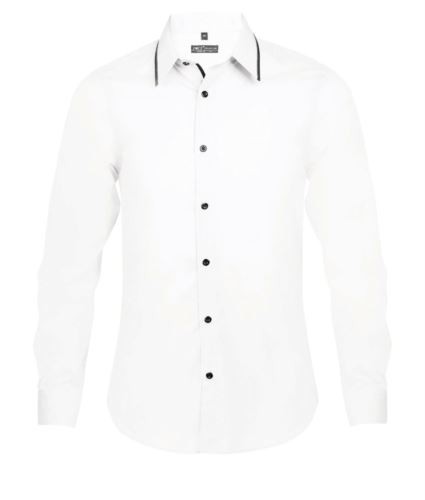 Camicia uomo a maniche lunghe, con bordino in contrasto sul colletto, bordino nero lungo la patta di chiusura, colore bianco