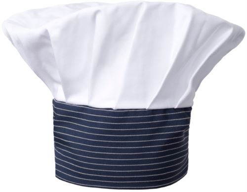 Cappello da cuoco, doppia fascia di tessuto con parte superiore inserita e cucita a pieghette, colore bianco gessato blu