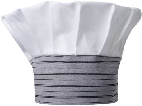 Cappello da cuoco, doppia fascia di tessuto con parte superiore inserita e cucita a pieghette, Colore bianco, rigato grigio-nero.