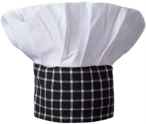 Cappello da cuoco, doppia fascia di tessuto con parte superiore inserita e cucita a pieghette, Colore bianco, quadri bianco-nero.