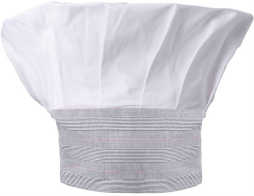 Cappello da cuoco, doppia fascia di tessuto con parte superiore inserita e cucita a pieghette, colore bianco galles