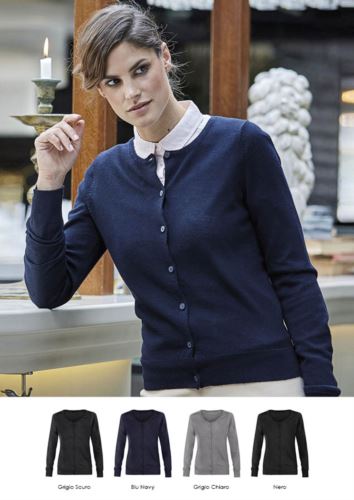 Cardigan donna con girocollo, costine sul collo polsini e bordo inferiore, abbottonatura frontale, tessuto lana e poliacrilico.