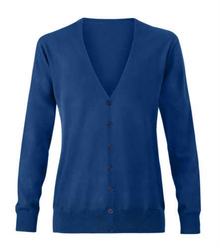 Cardigan donna con scollo a V, costine sul collo e polsini, apertura centrale, tessuto cotone e acrilico. Colore blu royal