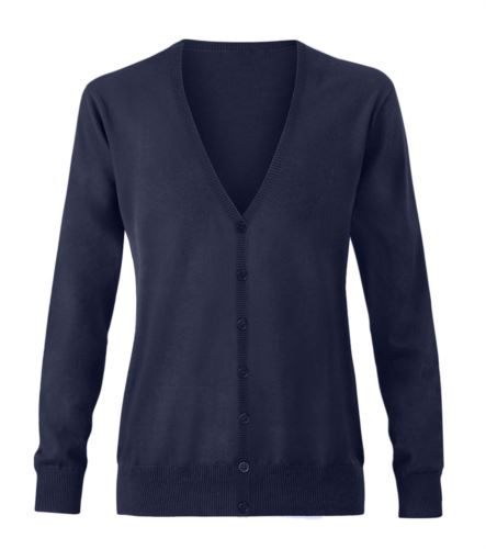 Cardigan donna con scollo a V, costine sul collo e polsini, apertura centrale, tessuto cotone e acrilico. Colore blu navy