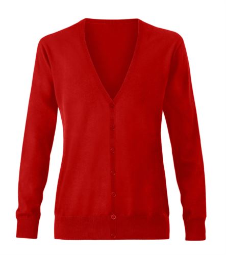 Cardigan donna con scollo a V, costine sul collo e polsini, apertura centrale, tessuto cotone e acrilico. Colore rosso