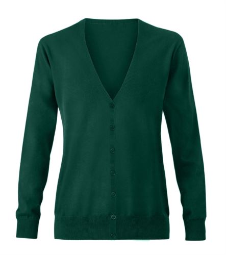 Cardigan donna con scollo a V, costine sul collo e polsini, apertura centrale, tessuto cotone e acrilico. Colore verde bottiglia