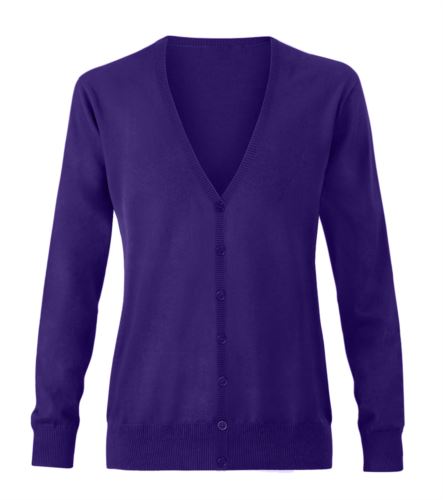 Cardigan donna con scollo a V, costine sul collo e polsini, apertura centrale, tessuto cotone e acrilico. Colore viola