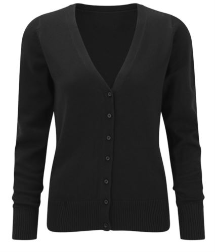 Cardigan donna con scollo a V, modello taglio classico, costine sul collo e polsini, apertura centrale, tessuto cotone e acrilico, colore nero