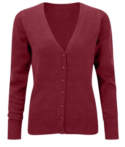 Cardigan donna con scollo a V, modello taglio classico, costine sul collo e polsini, apertura centrale, tessuto cotone e acrilico, colore bordeaux