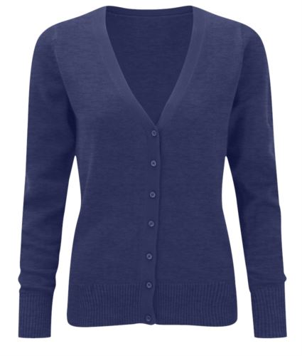 Cardigan donna con scollo a V, modello taglio classico, costine sul collo e polsini, apertura centrale, tessuto cotone e acrilico, colore blu navy