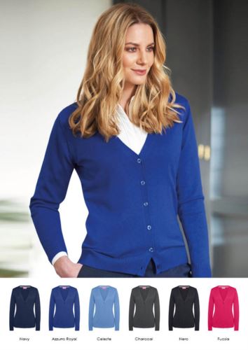 Cardigan donna scollo a V, maniche lunghe, costine orlo e polsini, tessuto cotone e acrilico