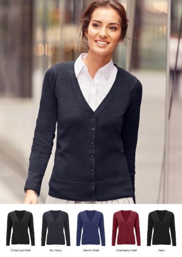 Cardigan donna con scollo a V, modello taglio classico, costine sul collo e polsini, apertura centrale, tessuto cotone e acrilico