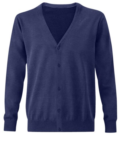 Cardigan uomo con scollo a V, modello taglio classico, costine sul collo e polsini, apertura centrale, tessuto cotone e acrilico, colore blu navy