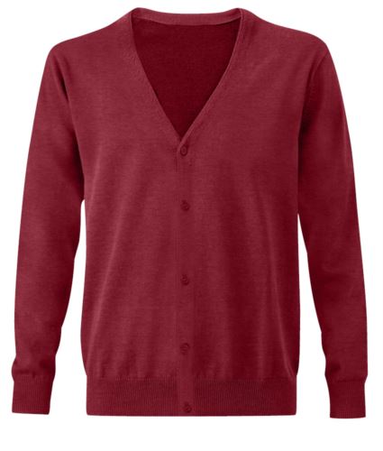 Cardigan uomo con scollo a V, modello taglio classico, costine sul collo e polsini, apertura centrale, tessuto cotone e acrilico, colore bordeaux