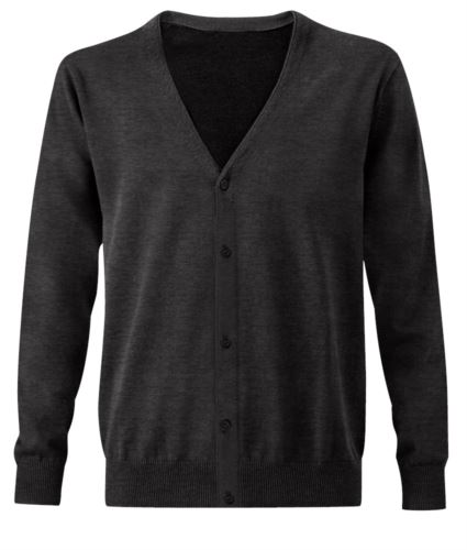 Cardigan uomo con scollo a V, modello taglio classico, costine sul collo e polsini, apertura centrale, tessuto cotone e acrilico, colore grigio