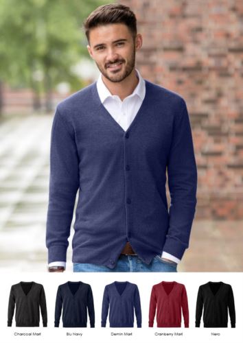 Cardigan uomo con scollo a V, modello taglio classico, costine sul collo e polsini, apertura centrale, tessuto cotone e acrilico