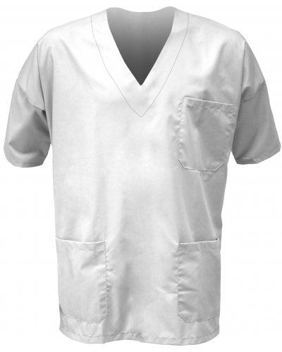 Casacca ospedaliera unisex, collo a V, maniche corte, taschino torace sinistro e tasca anteriore destra applicati, colore bianco