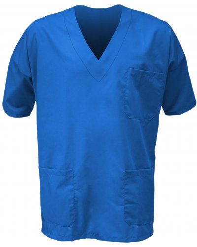 Casacca ospedaliera unisex, collo a V, maniche corte, taschino torace sinistro e tasca anteriore destra applicati, colore bluette