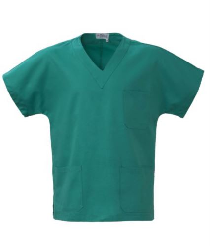 Casacca ospedaliera unisex, collo a V, maniche corte, taschino torace sinistro e tasca anteriore destra applicati, colore verde