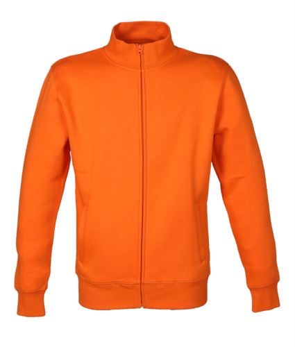 Felpa uomo zip lunga con collo a lupetto, 2 tasche aperte a filetto. Collo, polsini e fondo maglia in costina elasticizzata. Nastro di rinforzo interno collo e cuciture ribattute. Colore arancione.