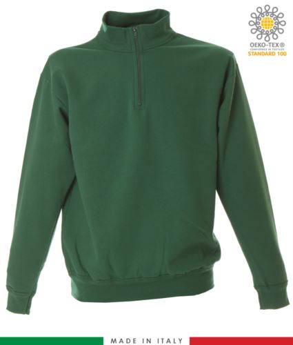 Felpa zip corta, collo a lupetto in costina, polsini e fondo maglia in costina, made in Italy, colore verde