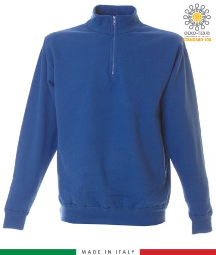 Felpa zip corta, collo a lupetto in costina, polsini e fondo maglia in costina, made in Italy, colore azzurro royal