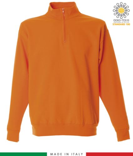 Felpa zip corta, collo a lupetto in costina, polsini e fondo maglia in costina, made in Italy, colore arancione