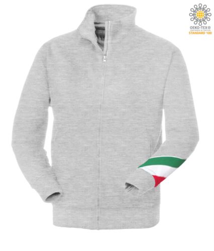 Felpa zip lunga profilo tricolore, collo a lupetto in costina, torcia tricolore sul braccio sinistro, tue tasche aperte a filetto cuciture ribattute, made in Italy, colore grigio mélange