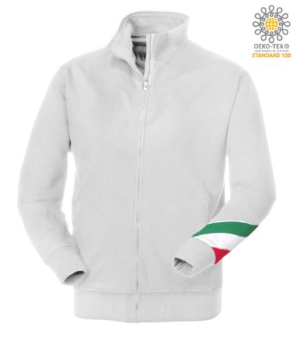 Felpa zip lunga profilo tricolore, collo a lupetto in costina, torcia tricolore sul braccio sinistro, tue tasche aperte a filetto cuciture ribattute, made in Italy, colore bianco