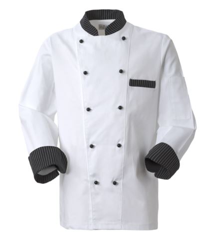 Giacca cuoco, chiusura anteriore bottoni doppio petto, taschino lato sinistro, manica a 3/4, colore bianco-gessato nero