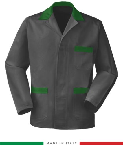 giacca da lavoro grigia con inserti verdi, made in Italy, 100% cotone Massaua con due tasche
