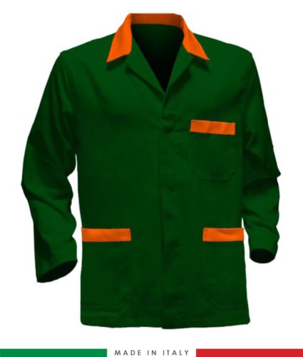 giacca da lavoro verde con inserti arancioni made in Italy, 100% cotone Massaua e due tasche
