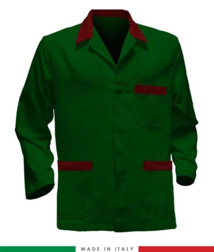 giacca da lavoro verde con inserti rossi made in Italy, 100% cotone Massaua e due tasche