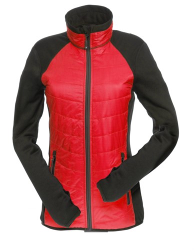 Giacca slim fit Donna, con materiale misto: pile e imbottitura primaloft, colletto alto rigido. Zip lunga frontale in contrasto. Colore: Rosso e Nero