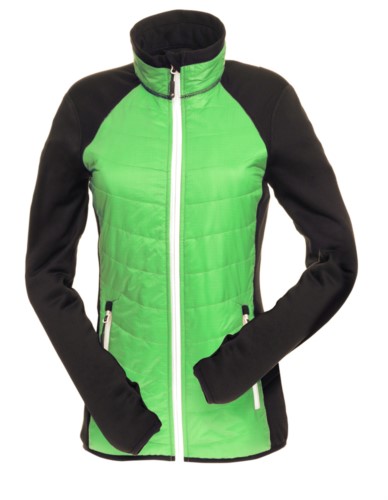 Giacca slim fit Donna, con materiale misto: pile e imbottitura primaloft, colletto alto rigido. Zip lunga frontale in contrasto colore bianco. Colore: Verde e Nero