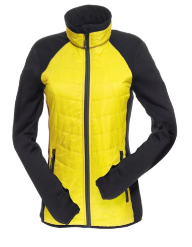 Giacca slim fit Donna, con materiale misto: pile e imbottitura primaloft, colletto alto rigido. Zip lunga frontale in contrasto. Colore: Giallo e Nero