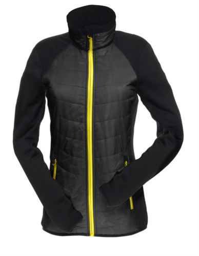 Giacca slim fit Donna, con materiale misto: pile e imbottitura primaloft, colletto alto rigido. Zip lunga frontale in contrasto colore giallo. Colore: Nero