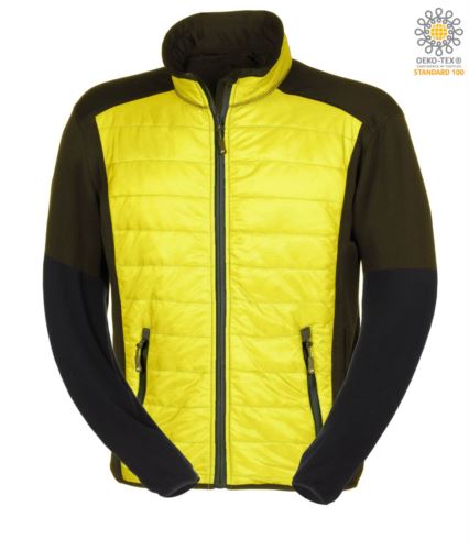 Giacca slim fit Uomo, con materiale misto: pile e imbottitura primaloft, colletto alto rigido. Zip lunga frontale in contrasto. Colore: Giallo e Nero