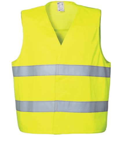 Gilet alta visibilità con doppia banda rifrangente al girovita, chiusura con velcro, certificato EN 20471. Colore Giallo