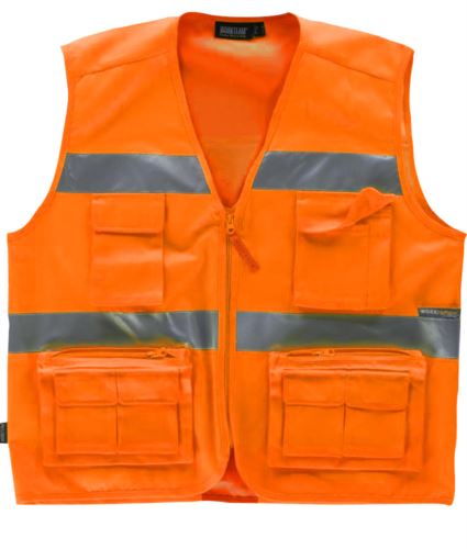 Gilet alta visibilità, multitasche con bande rifrangenti, colore arancione