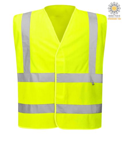 Gilet ignifugo antistatico ad alta visibilitÃ , chiuso con velcro, doppia banda rifrangente sulla vita, certificata UNI EN 20471: 2013, EN 1149-5, UNI EN ISO 14116: 2008, colore giallo