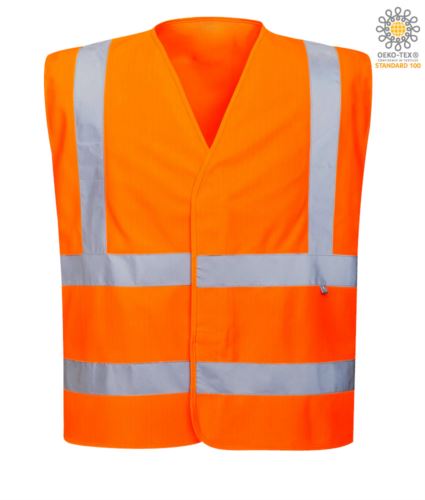 Gilet ignifugo antistatico ad alta visibilitÃ , chiuso con velcro, doppia banda rifrangente sulla vita, certificata UNI EN 20471: 2013, EN 1149-5, UNI EN ISO 14116: 2008, colore arancione